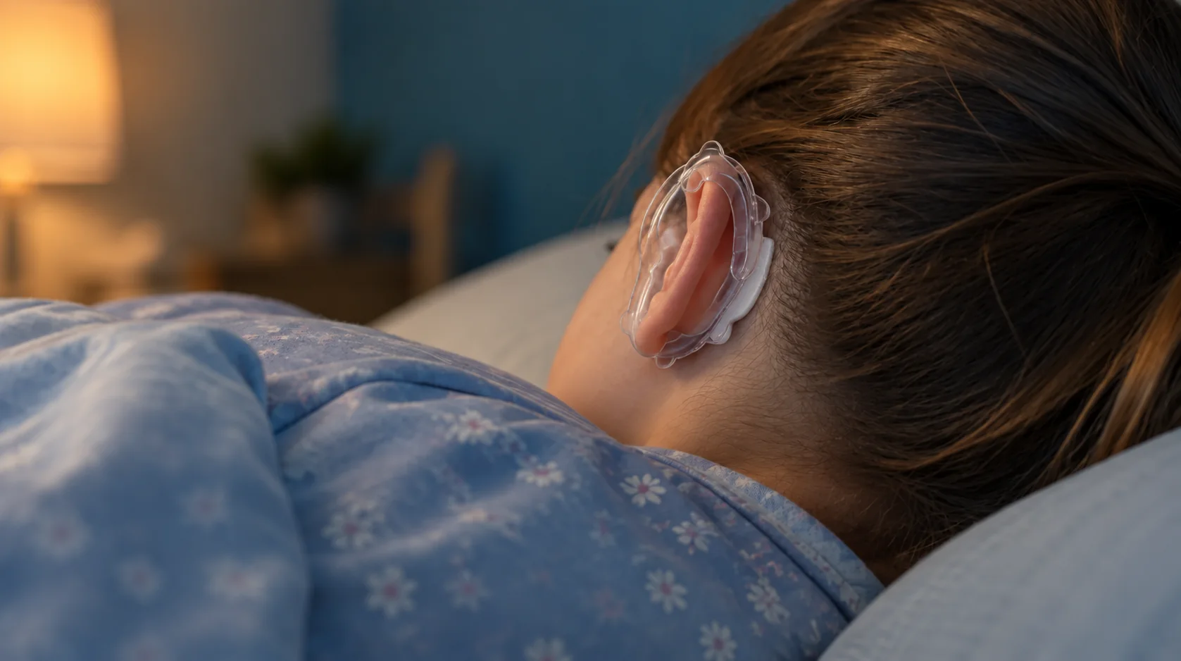 A child rests wearing a clear custom ear guide